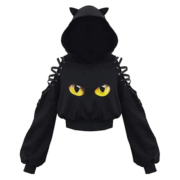Dames hoodie met kattenoren Zwarte hoodie met kattenoogpatroon en vetersluiting op de schouders Katoen-polyester bovenkant M