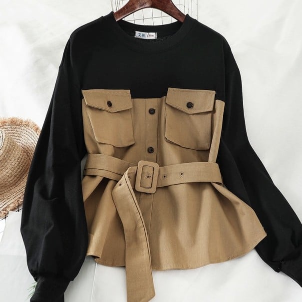 Dames hoodie met riem en blouse-achtig voorpand Ballonmouwen Borstzakken met kleppen Uitgebreide peplum zoom Ronde hals Polyester lichtbruin