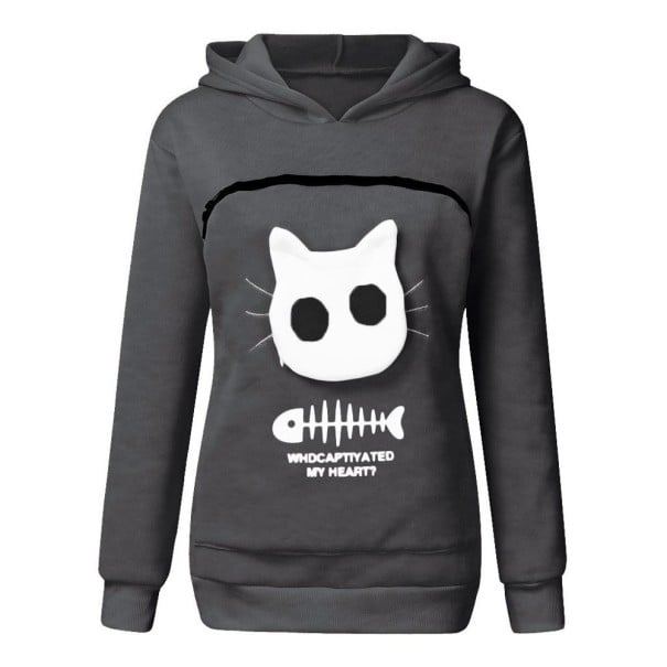 Dames hoodie met zak voor kat Grote voorzak met rits voor huisdier Capuchon Print van kat met visgraat Lange mouwen Polyester donkergrijs S