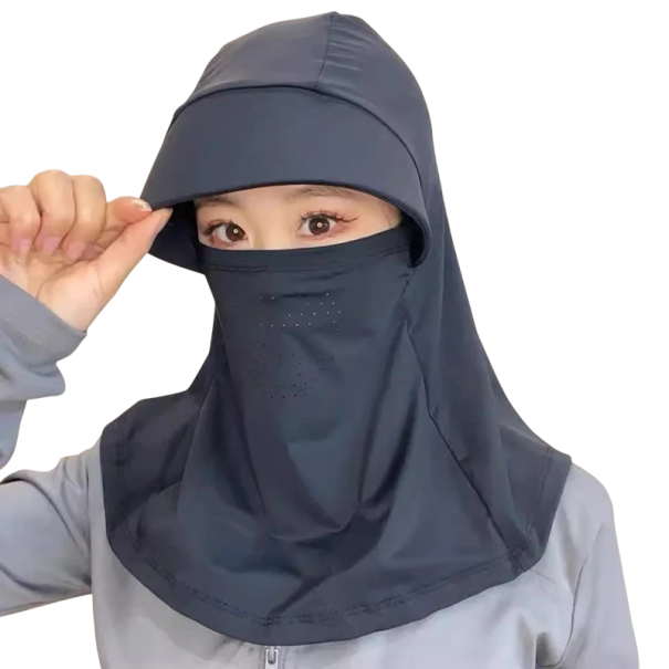 Dames hoofd- en nekbedekking met vizier en gezichtsbedekking polyester zonbescherming voor sport en buitenactiviteiten zwart