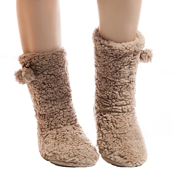 Dames huisschoenen - Pantoffels met pompons lichtbruin