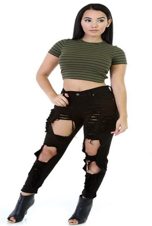 Dames jeans met gaten D1 zwart XL