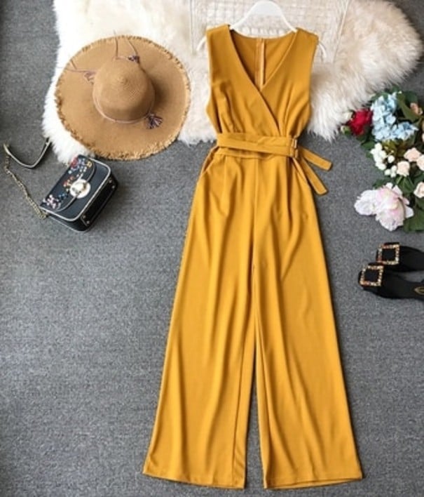 Dames jumpsuit met bandjes geel L