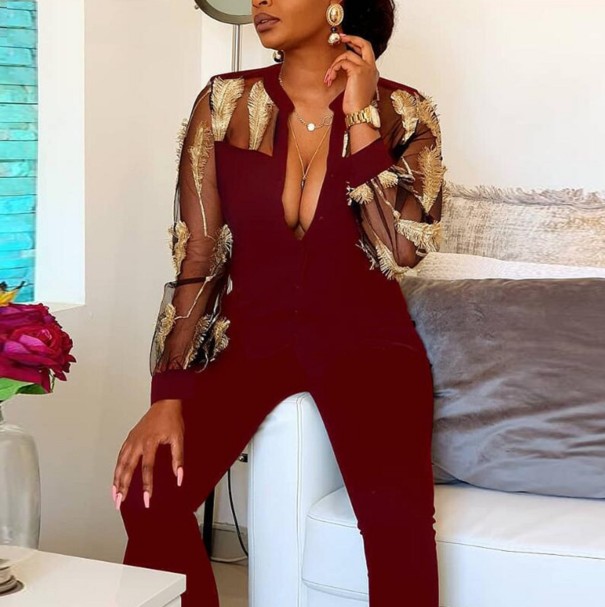 Dames jumpsuit met doorschijnende mouwen wijnrood M