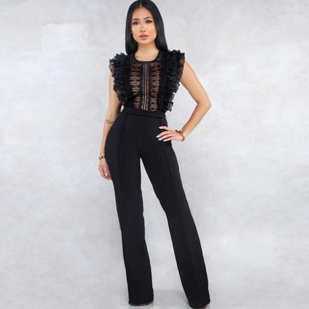 Dames jumpsuit met kant en ruches zwart S