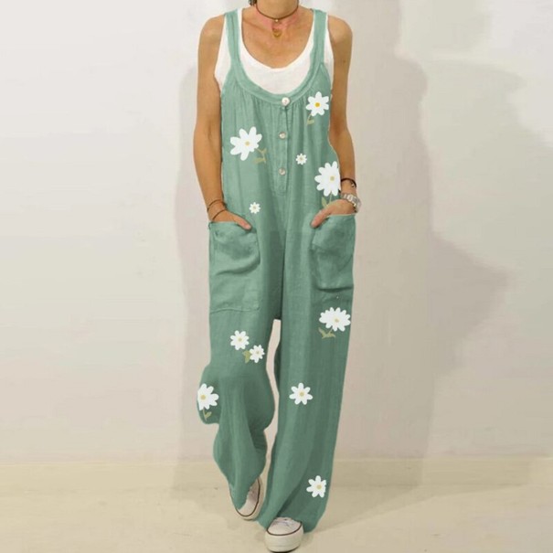 Dames jumpsuit met madeliefjes print groen XL
