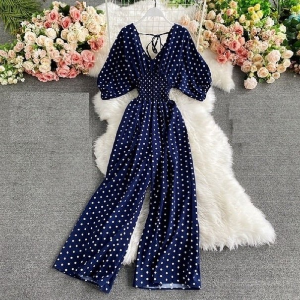 Dames jumpsuit met stippen en korte mouwen donkerblauw