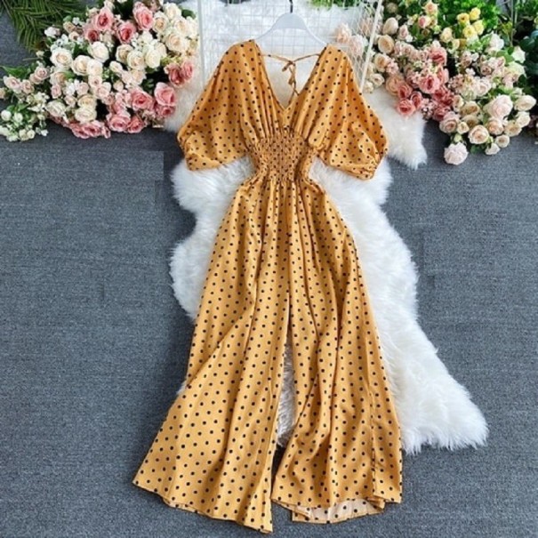 Dames jumpsuit met stippen en korte mouwen donkergeel