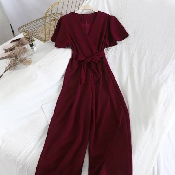 Dames jumpsuit met strik in de taille A2008 wijnrood