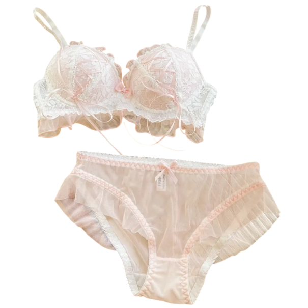 Dames kanten set ondergoed met decoratieve vetersluiting en ruches katoen lichte set bh en slip voor dagelijks gebruik roze XS