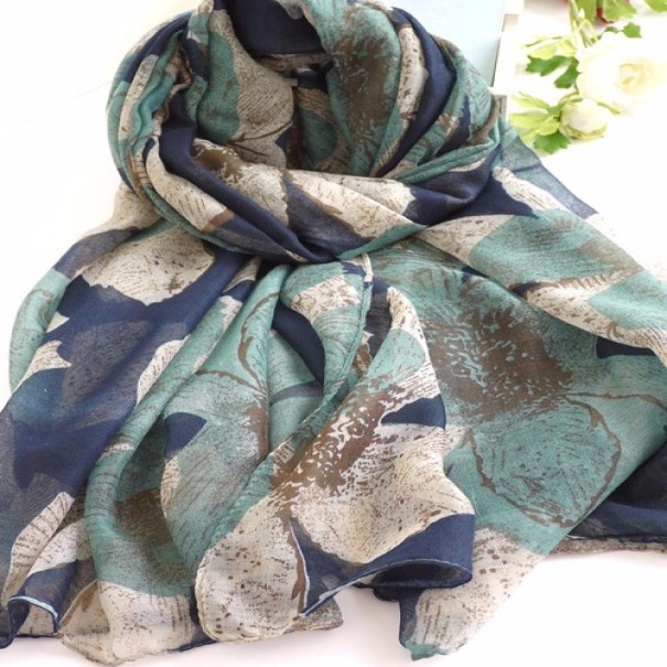 Dames katoenen sjaal met bloemen J1660 groen