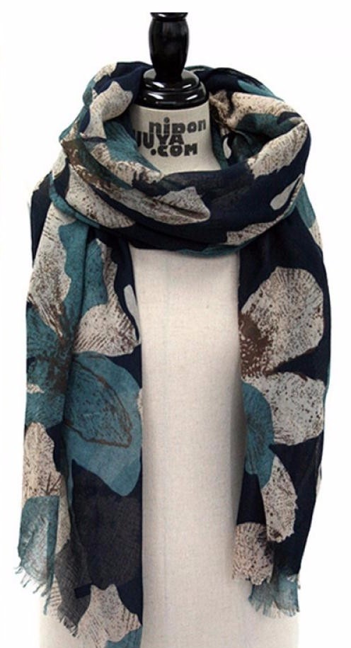 Dames katoenen sjaal met bloemen J1660 zwart