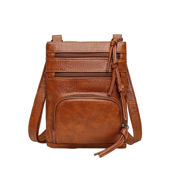 Dames kleine crossbody tas over de schouder Platte snit met verschillende ritszakken en lange ritsen van PU leer en polyester 16,5 x 2,5 x 21 cm bruin