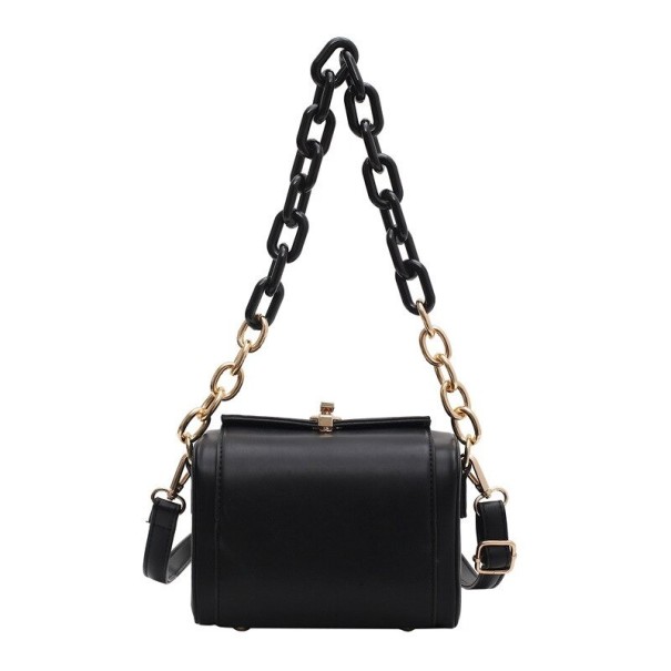 Dames kleine vierkante handtas 17,5 x 14 x 10 cm Kunstleer Klep met metalen sluiting Kettinghandvat en lange schouderband zwart