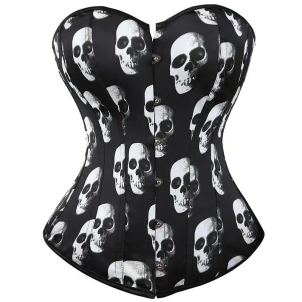 Dames korsett zonder schouderbanden Zwart met doodskoppenprint Sluiting aan de voorkant O-hals Polyester Spandex Elegante top XL