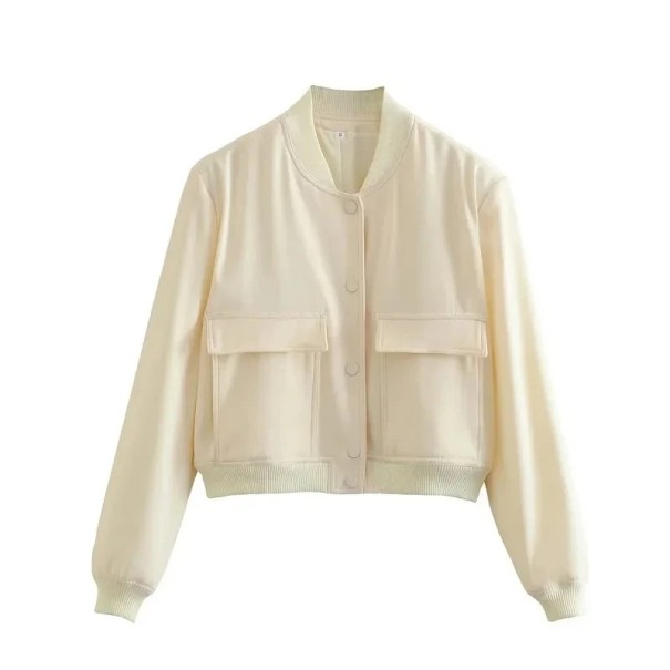 Dames kort jasje met lange mouwen Elegante jas met grote zakken Lichte bovenkleding voor lente en herfst Modieuze stedelijke stijl beige S