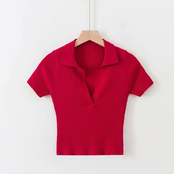 Dames kort t-shirt met kraag rood M