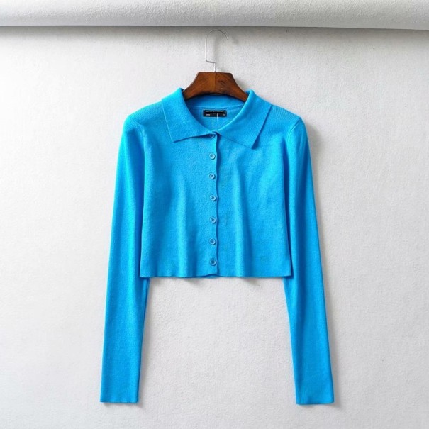 Dames korte trui met kraag blauw M