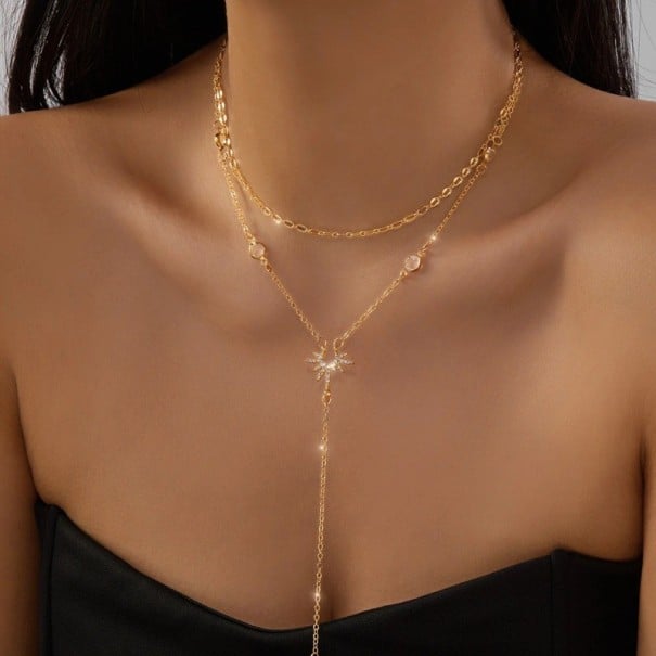 Dames lange gelaagde kettinghalsketting Druppelhanger Zirkon Zon Eenvoudige metalen choker Gelaagd met hangende ketting goud