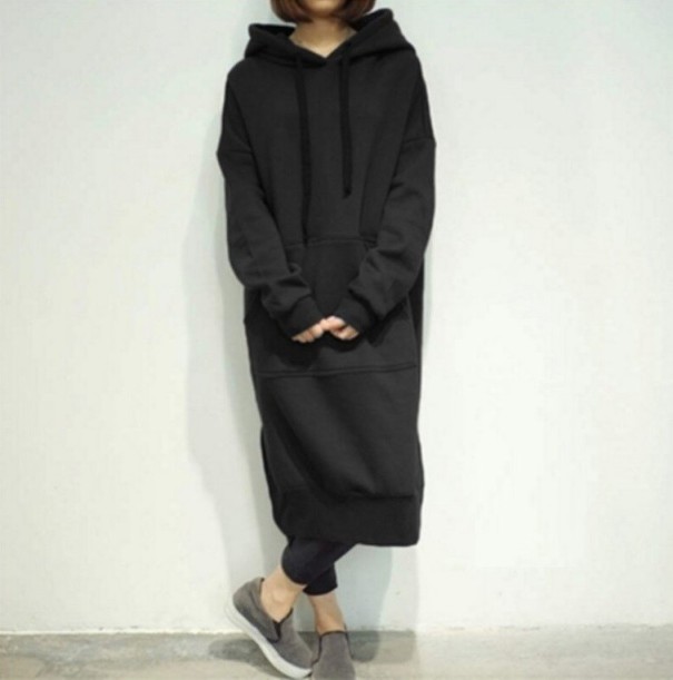 Dames lange hoodie zwart L