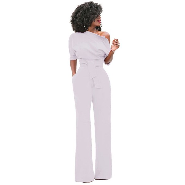 Dames lange jumpsuit met asymmetrische mouwen wit XS