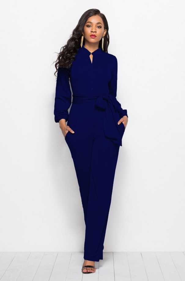 Dames lange jumpsuit met strik donkerblauw L