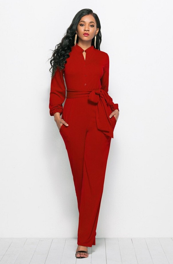 Dames lange jumpsuit met strik rood XL