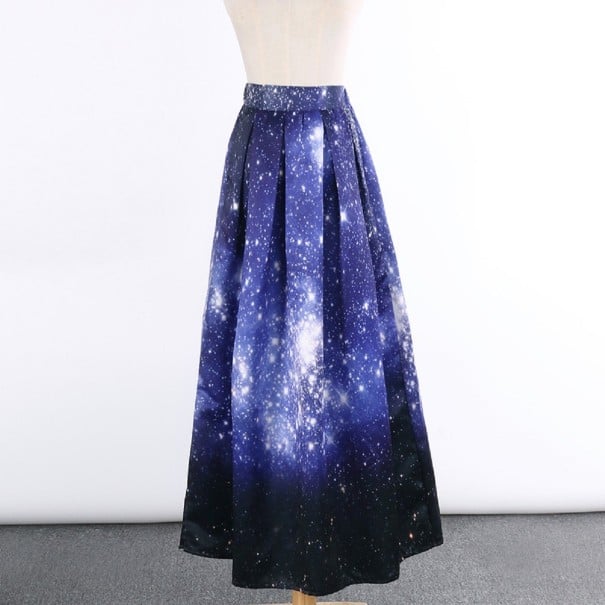Dames lange rok met sterrenstelselprint Blauwe A-lijn rok met sterrenhemelmotief Elastische taille Universele maat Polyester en spandex 1