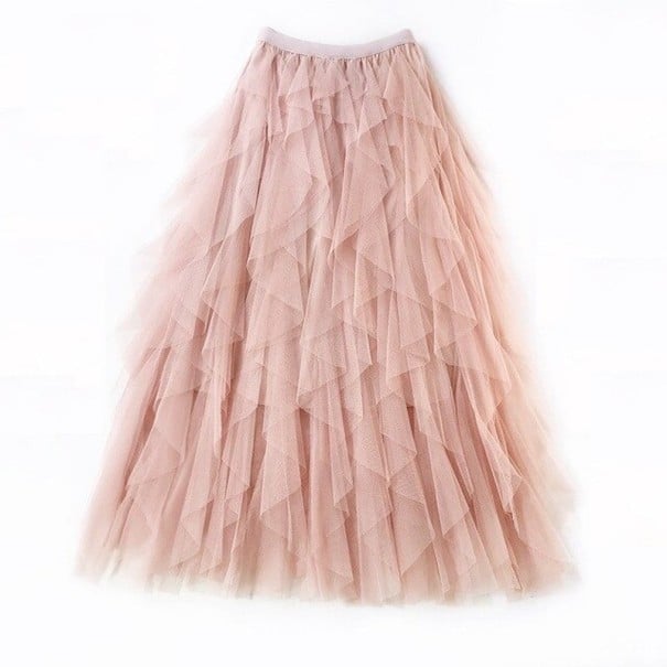 Dames lange tule rok met onregelmatige gelaagde volants Puntige onderrand Luchtige volumineuze snit Materiaal polyester en tule roze