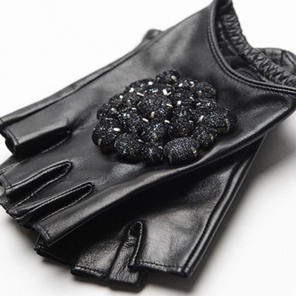 Dames leren handschoenen met strass steentjes L 1