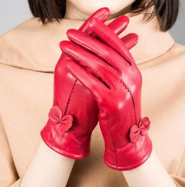 Dames leren handschoenen met strik rood