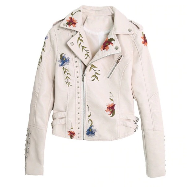 Dames leren jas met bloemen crème S