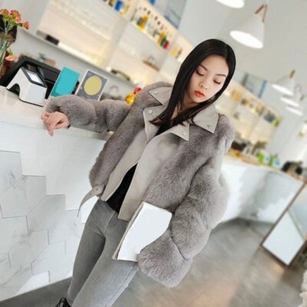 Dames leren jas met bontrand lichtgrijs S