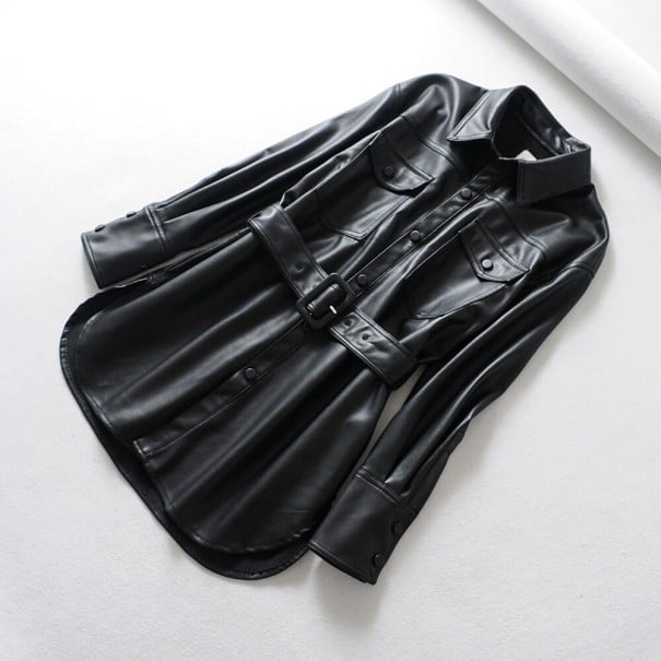 Dames leren jas met riem zwart M