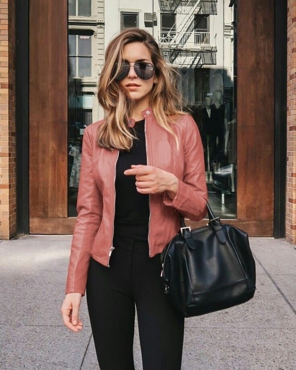 Dames leren jas P1364 roze XL