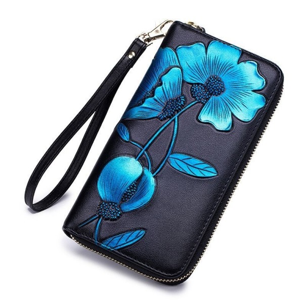 Dames leren portemonnee met bloemen M311 blauw