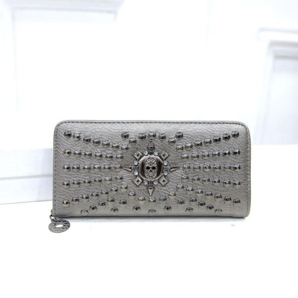 Dames leren portemonnee met schedel M390 zilver
