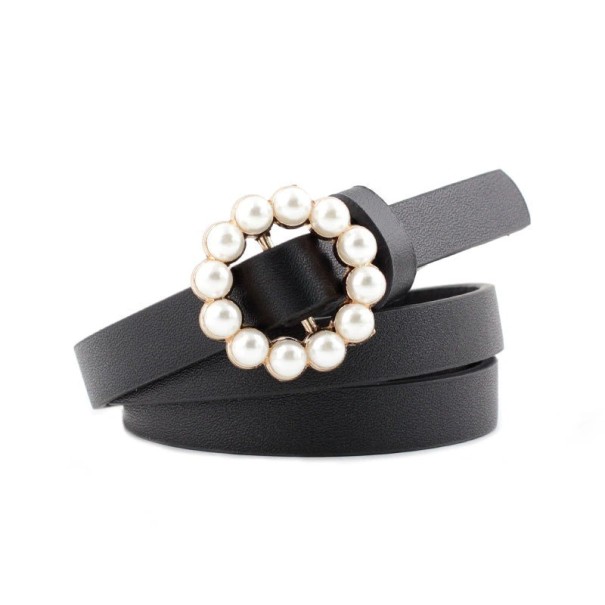 Dames leren riem met parels zwart