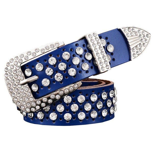 Dames leren riem met strass steentjes blauw 115 cm