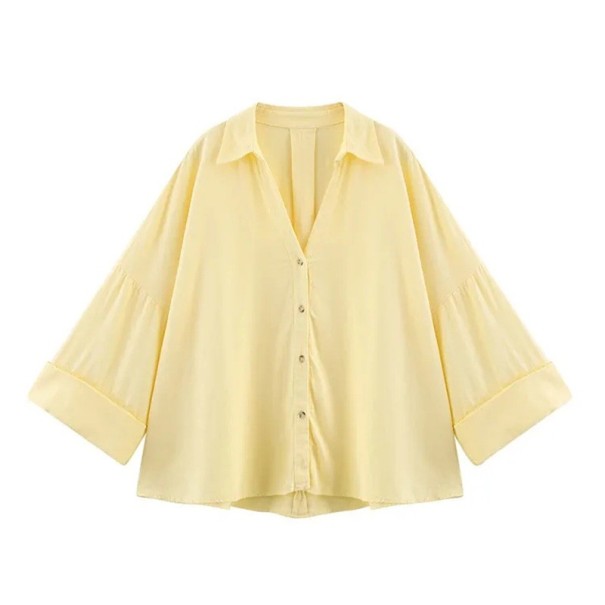 Dames licht linnen overhemd met kraag Brede mouwen Asymmetrische zoom Knoopsluiting Luchtige blouse van natuurlijk materiaal geel M