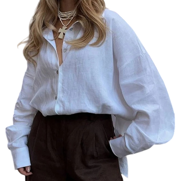 Dames linnen overhemd met lange mouwen Elegante ademende blouse van natuurlijk materiaal Lichtgewicht top met kraag voor lente en zomer wit S