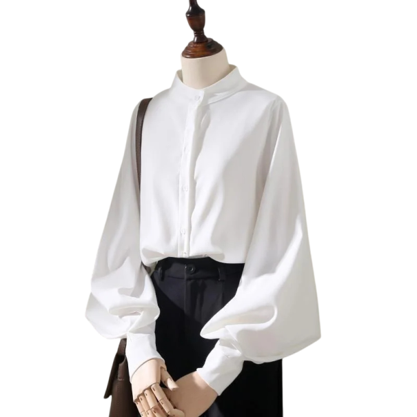 Dames losse blouse met opstaande kraag en ballonmouwen Elegante blouse met knoopjes en wijde lange mouwen Luchtige snit voor elke dag wit XS