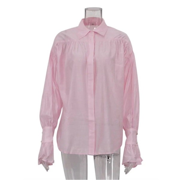 Dames losse doorschijnende blouse met kraag Lange mouwen Volantmouwen Licht luchtig materiaal Elegante stijl voor zomer en vrije tijd roze S