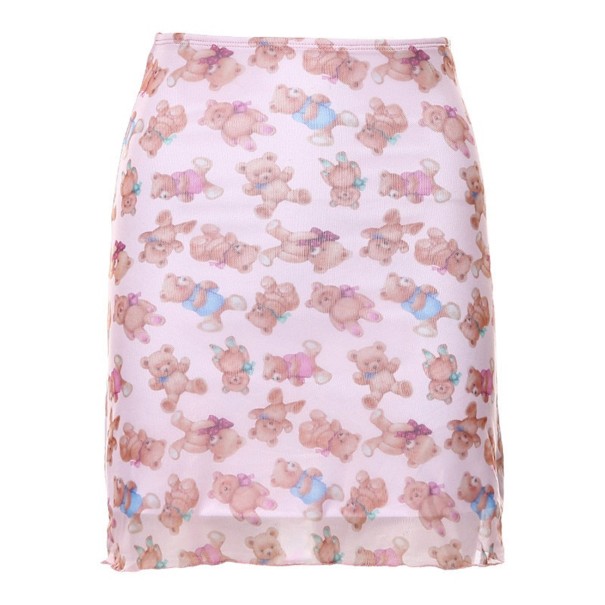 Dames mini rok met teddyberenprint Roze rok met rechte snit boven de knie met een golvende zoom Polyester en spandex Rekbare stof XS