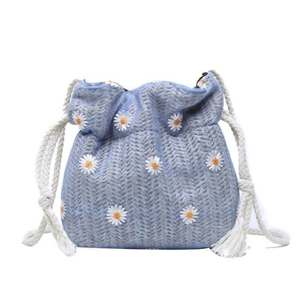 Dames mini tas van stro met madeliefjesmotief Trekkoord tas met franjes Voering Schouder dragen 17 x 16 x 6 cm blauw