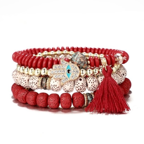 Dames multilayer armband 4 stuks wijnrood