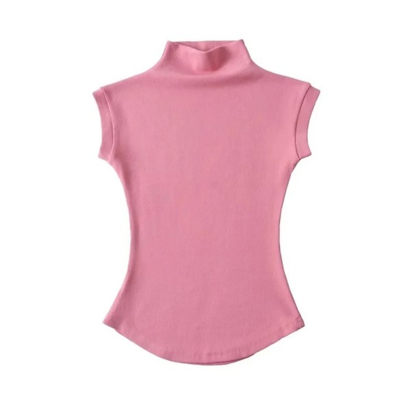 Dames nauwsluitend mouwloos coltrui T-shirt Elegante top met hoge kraag Slanke pasvorm Modieuze blouse voor werk en avond roze L