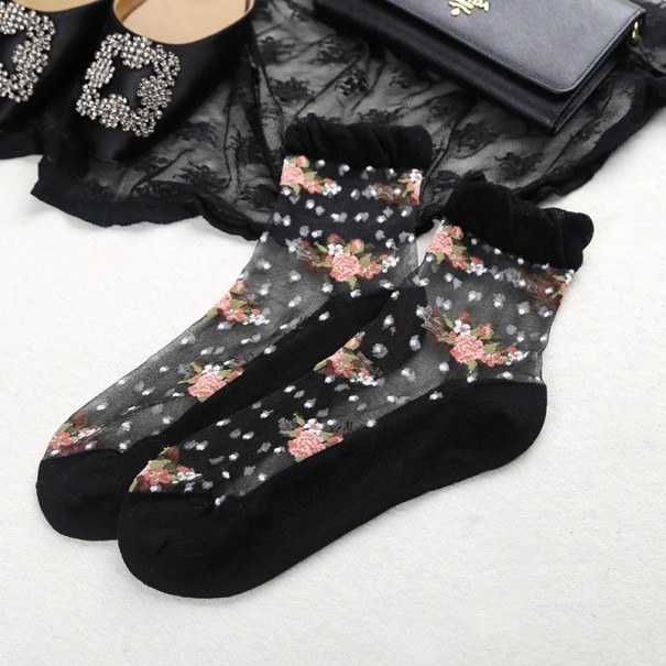 Dames nylon sokken met bloemen zwart