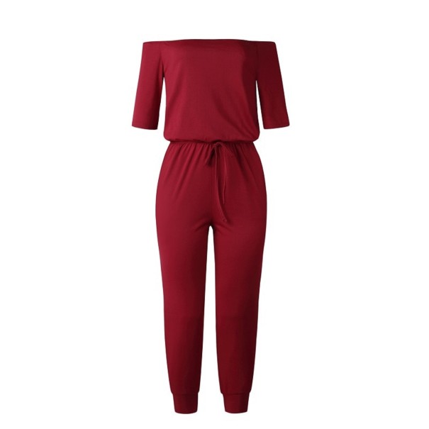 Dames off-shoulder jumpsuit wijnrood XL