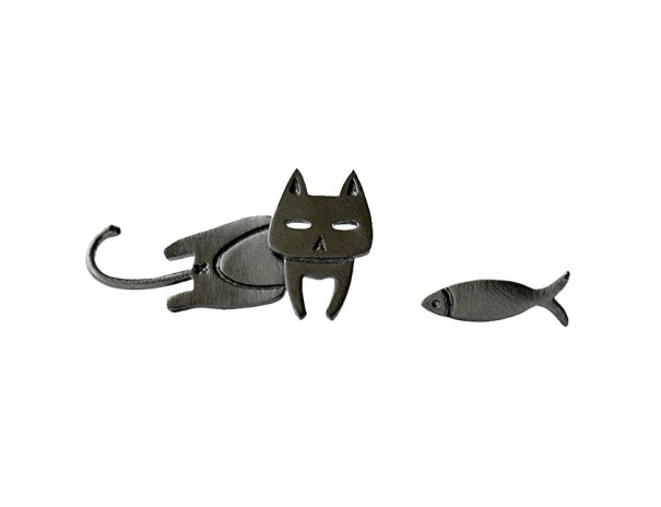 Dames oorbellen kat en vis 2 stuks zwart